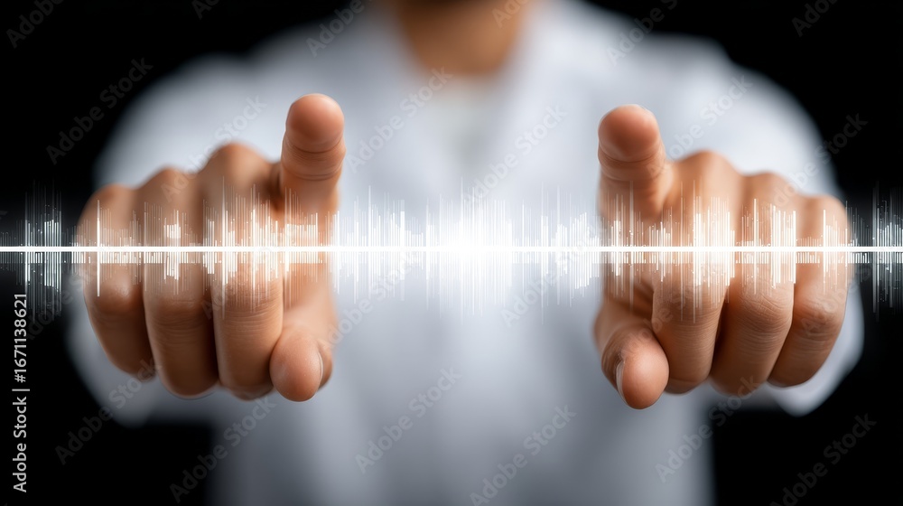 Poster exploring sound design, person holds a dynamic audio waveform visualization.