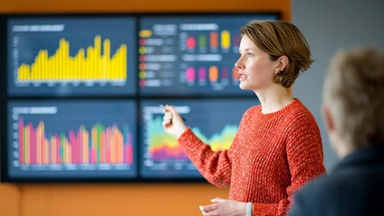 Financial coaching session featuring businesswoman analyzing colorful data charts and presentation large digital screens - Powered by Adobe