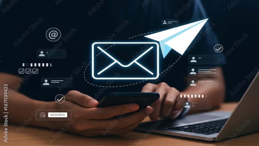 Poster email marketing campaign concept with a man using a smartphone and laptop to send newsletters, showi