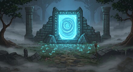 Glowing Portal in Misty Forest Pixel Art