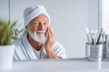 Senior Caucasian man with a white beard and hair, wearing a towel on his head, smiles while applying skincare in a bright bathroom setting.