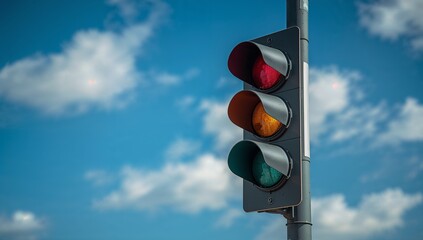 Traffic signal showing red light featuring yellow and green unlit, set against the bright blue sky with scattered clouds, captured within daylight from a low angle perspective