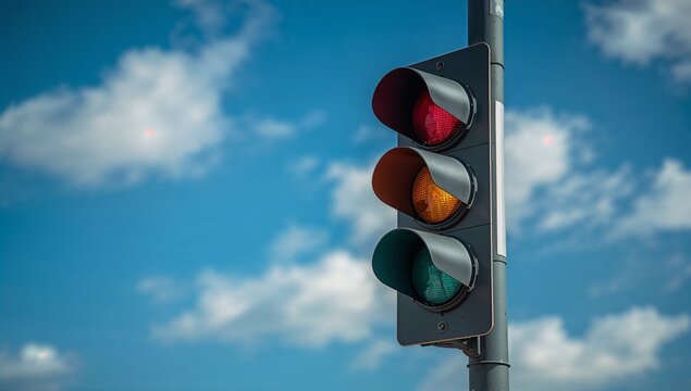 Traffic signal showing red light featuring yellow and green unlit, set against the bright blue sky with scattered clouds, captured within daylight from a low angle perspective