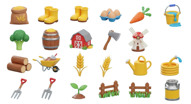 Collection of 3D cartoon farm icons and agricultural elements agriculture isolated on a transparent background