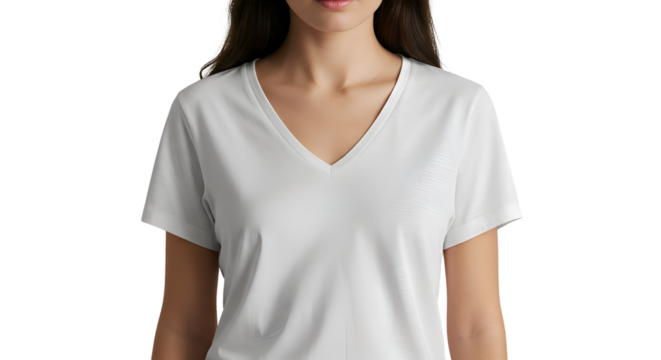 Close-up of a woman's torso wearing a plain white v-neck t-shirt.