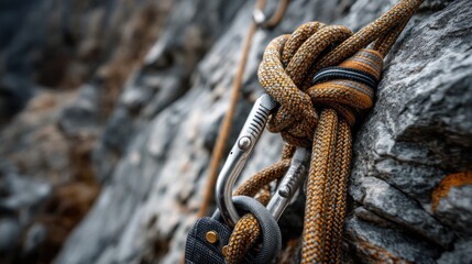 Close up view of climbing rope and carabiner attached to a rock face