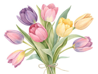 Fototapeta premium Watercolor bouquet of colorful tulips tied with a ribbon on a black background