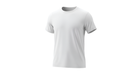 A plain, white, short-sleeved t-shirt, angled view, on a white background.