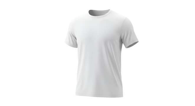 A plain, white, short-sleeved t-shirt, angled view, on a white background.