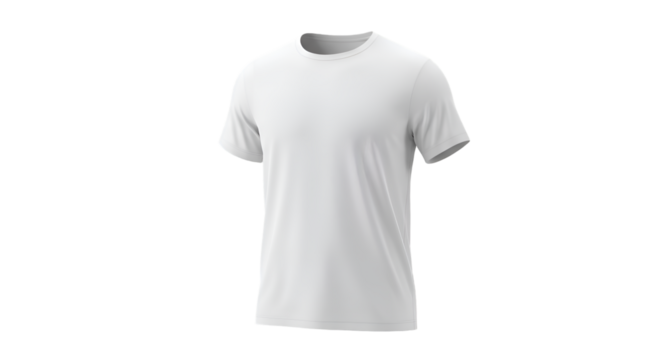 A plain, white, short-sleeved t-shirt, angled view, on a white background.