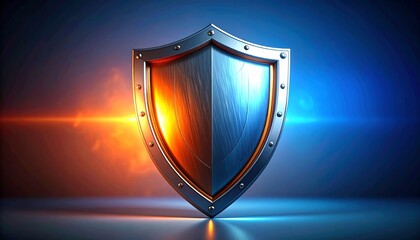 A metallic shield, illuminated by warm and cool light, stands on a reflective surface against a dark background