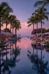 Serene pool at sunset, palm trees line the water's edge