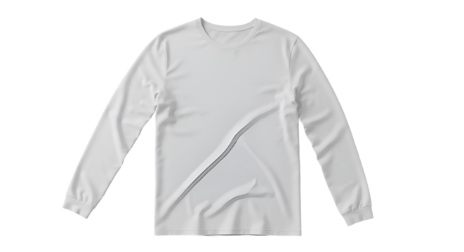 A plain white long-sleeved t-shirt, casually draped, isolated on a white background.