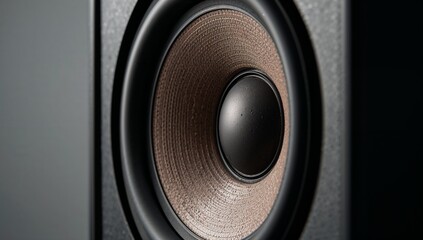 Detailed close up of the modern speaker cone showing textured surface and circular design, captured indoors featuring soft lighting and a sharp focus upon the central element