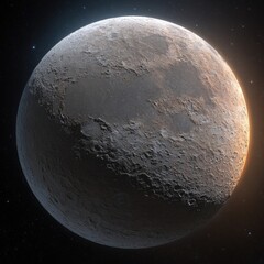 A detailed, realistic depiction of a celestial body, showcasing its textured surface and illuminated by a distant light source.