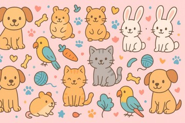 Seamless pet cartoon pattern featuring puppies, kittens, rabbits, and parrots with playful accessories for children’s decor and fun products. Generative AI