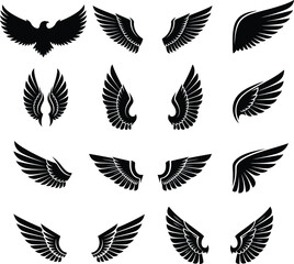 Vector set of wings with feathers eagle and angel silhouettes for design and logo