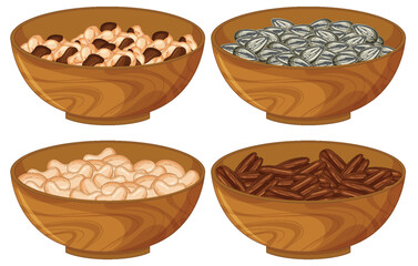 Assorted Nuts and Seeds in Wooden Bowls Illustration