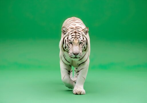 Majestic White Tiger Walking Towards the Camera on a Green Screen