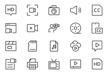 Video line icon set. Containing camera, play, pause, media, online video, live, production, player, movie and cinema icons.video production icon outline icon collection. Vector illustration