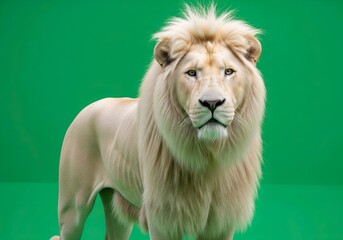 Obraz premium Majestic White Male Lion Looking Directly at the Camera on a Green Screen
