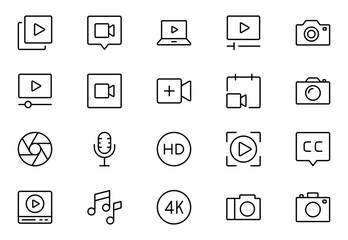 Video line icon set. Containing camera, play, pause, media, online video, live, production, player, movie and cinema icons.video production icon outline icon collection. Vector illustration