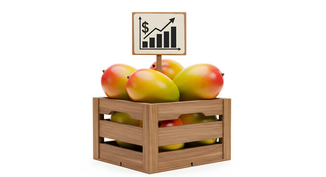 Representation of price increase of mangoes in a wooden box