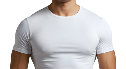 Close-up of a man wearing a plain white t-shirt, focusing on the upper torso and shoulders against a white background.