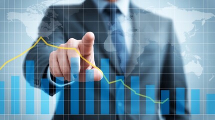 Businessman's finger touches a futuristic virtual screen interface with a digital chart, symbolizing technological connection and business success.
