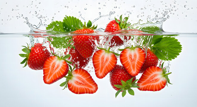 Wallpaper background of strawberries falling on water