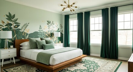 Elegant Bedroom Interior with Green Accents and Natural Light.