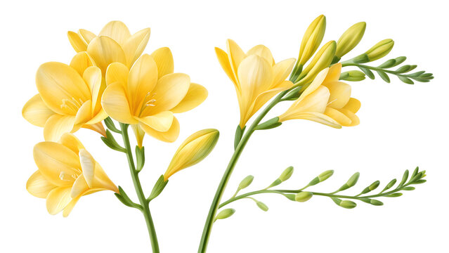 Watercolor Painting of Two Freesia Branches with Yellow Flowers on transparent Background