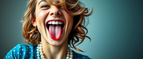 Playful, wavy-haired figure with pearl necklace, tongue out, smiling ,  elegant,  drawing