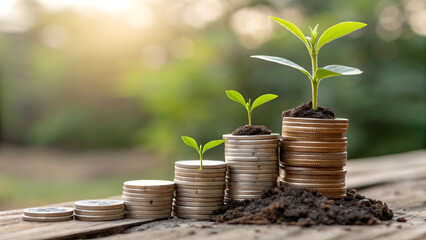 Stacks of silver coins ascending in size with small green plants sprouting from the soil atop each stack set against a blurred green background suggesting growth and financial