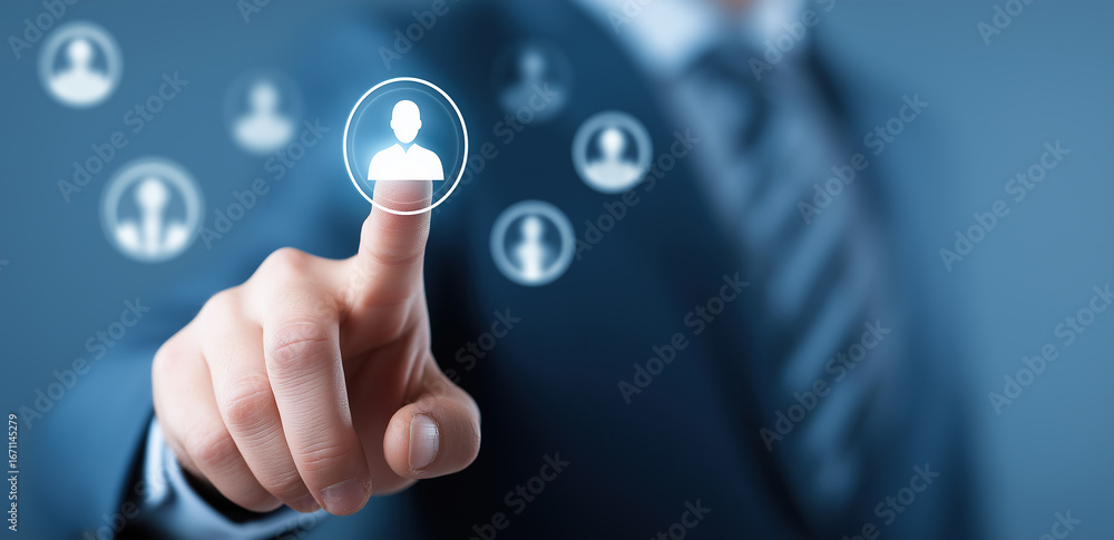Poster professional figure interacts with floating digital networking interface symbols.