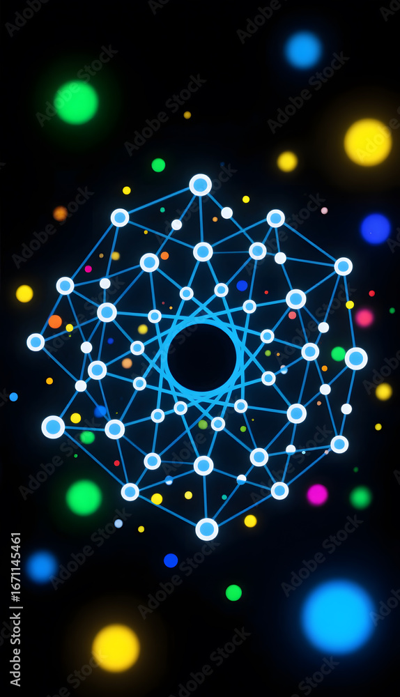 Poster geometric network with illuminated nodes and colorful background