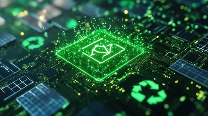 Obraz premium A glowing green circuit board depicts a sustainable energy system, symbolized by a central chip with arrows and recycling symbols, surrounded by miniature solar panels and data streams