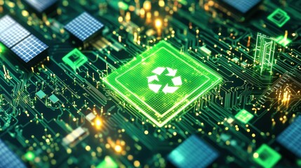 Obraz premium A glowing green recycle symbol at the center of a circuit board, surrounded by miniature solar panels and wind turbines, illustrating sustainable technology