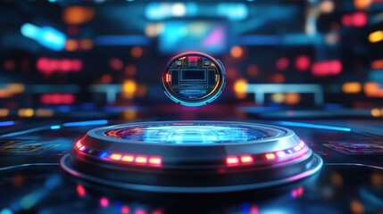 A glowing orb of circuits floats above a platform in a futuristic, neon-lit environment