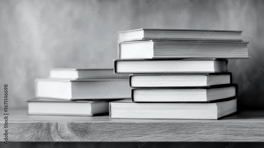 Poster crisp medium shot of a neatly stacked set of monochrome books on a minimalist wooden shelf with the 