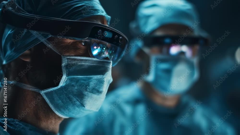 Poster Smart glasses projecting 3D marginmapping on brain tissue in medium shot surgeons eyes attentively monitoring data with surgical field gently blurred to emphasize augmented reality