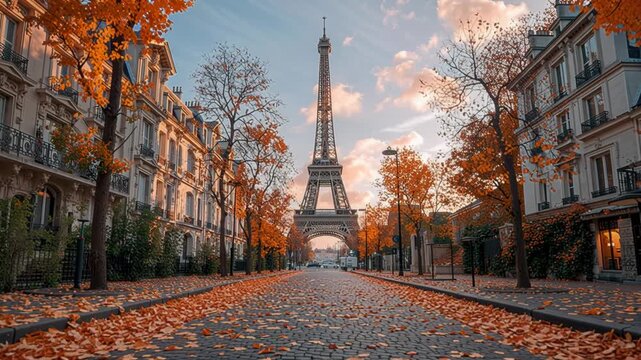 Autumnal view of the Eiffel Tower in Paris, France, framed by vibrant orange and red fall leaves on trees and scattered across the ground in the foreground