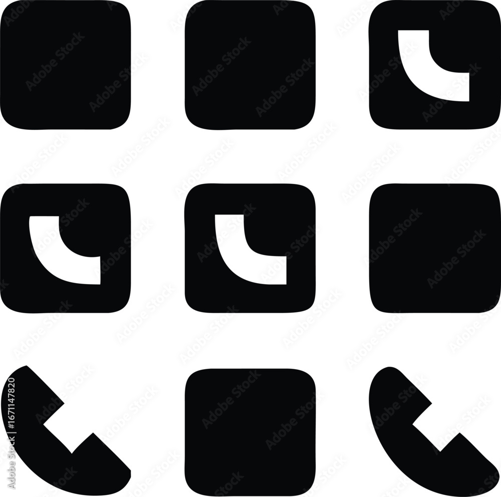 Poster set of stylized communication app icons including phone handset symbol and abstract geometric shapes