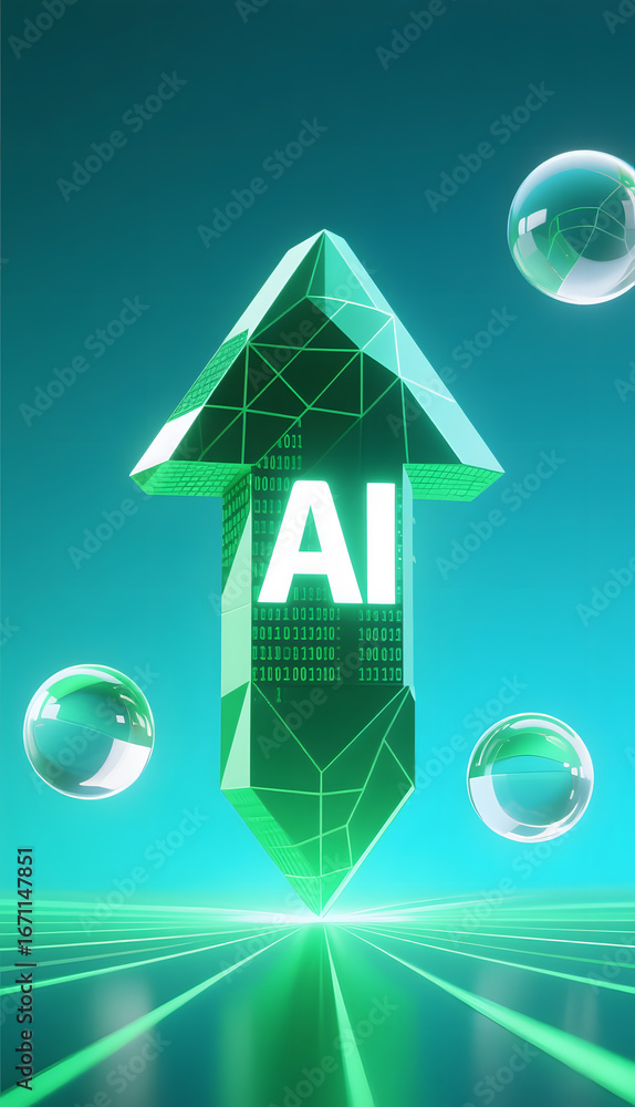 Poster a green upward arrow with 'ai' text, surrounded by bubbles and glowing lines on a gradient backgroun