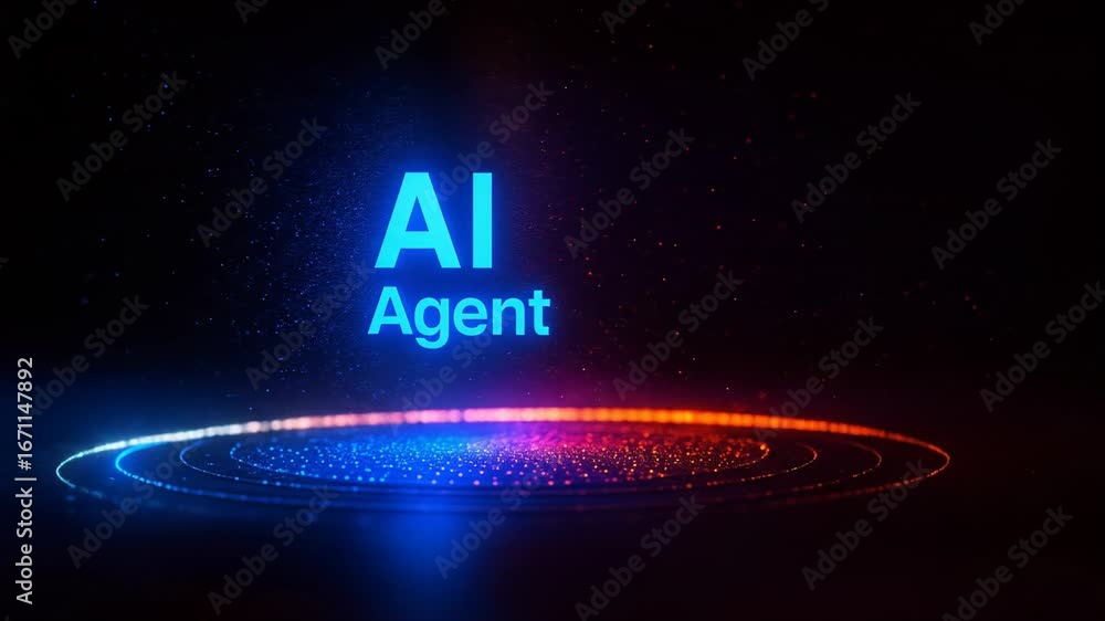 Poster futuristic concept of an ai agent with glowing text on a holographic platform, representing artifici