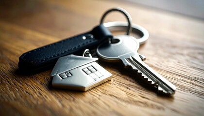 Set of keys on wooden surface with metal key and house-shaped keychain featuring engraved windows and door, symbolizing home ownership.