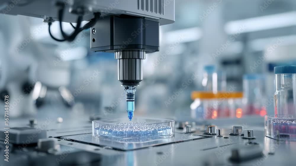 Poster close medium shot of the bioprinter head releasing bioinks forming complex liver microstructures wit