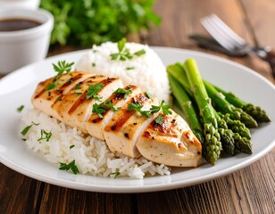 Grilled chicken breast sliced atop fluffy white rice, accompanied by steamed asparagus on a white plate
