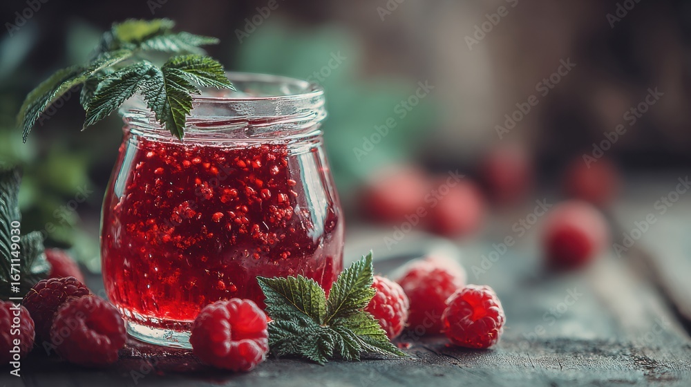 Aufkleber fresh raspberry jam in a glass jar surrounded by berries and mint in a rustic setting