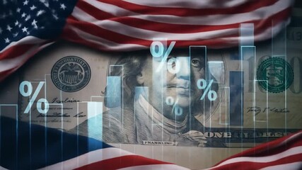 Concept of US economy, inflation, and interest rates, with American flag, dollar banknote, and financial data chart showing percentage changes - Powered by Adobe